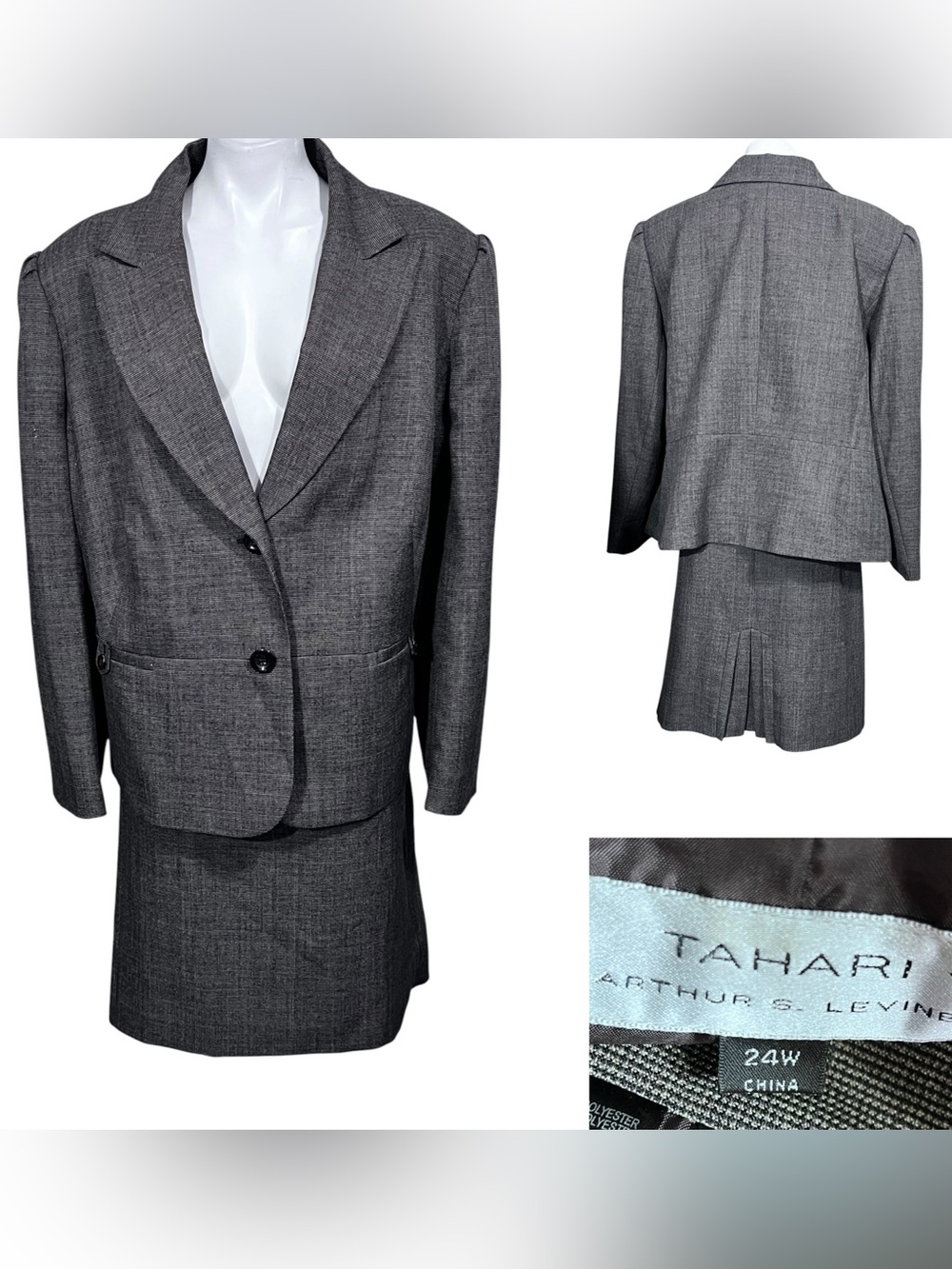Tahari ASL Blazer & Skirt Suit Set 24w brown houndstooth office church plus size